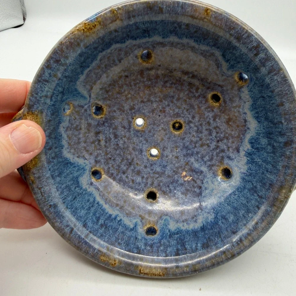 Studio Pottery Blue Stoneware Berry Bowl Colander Jane Berr 2004 Signed